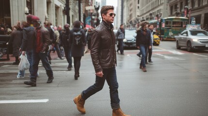 A man dressed in a leather jacket and boots, walking through a bustling city street
