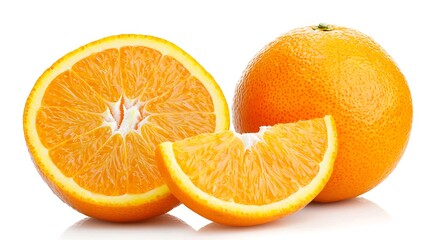 Fototapeta premium Fresh Orange Fruit Cut in Half and Slices on White Background with Healthy Snack Appeal
