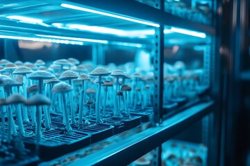 Fototapeta premium Mushroom are growing on a shelf, bathed in a vibrant blue light from above