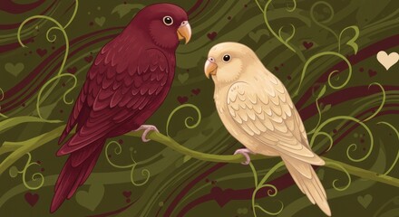 Two parrots on branch soft lighting lush foliage