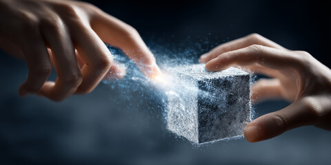  Fingers launch beams forming rotating cube visualizing cross-domain AI learning.
