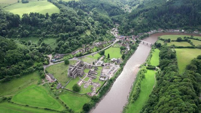 Tintern Abbey and River Wye, Chepstow South Wales. Beautiful aerial view, summer daytime