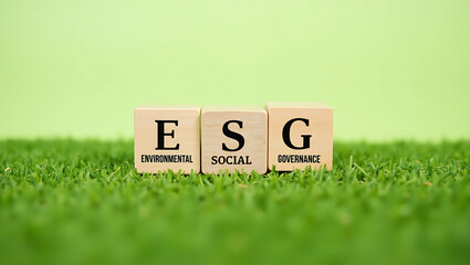 ESG Wooden Blocks on Green Grass - Environmental, Social, Governance.