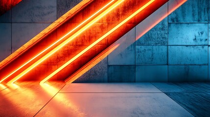 Neon lines in a futuristic concrete room