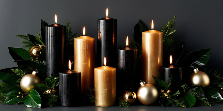 A festive arrangement of black and gold candles with flames