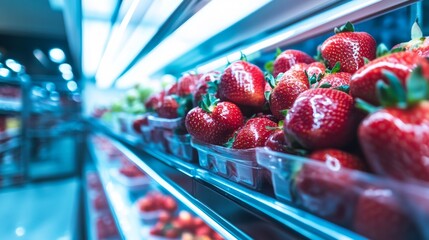 Fresh strawberries supermarket shelf plastic box red fruit healthy shopping nutrition market food retail