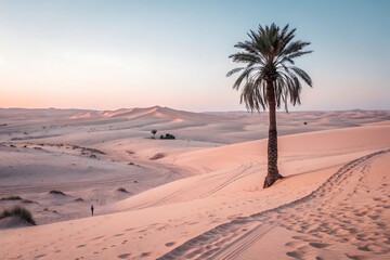 Desert landscape with lone palm tree at sunset