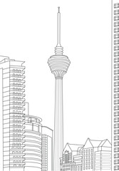 Kuala Lumpur Tower Line Art Illustration, Simple black and white line drawing illustration of the iconic Kuala Lumpur Tower (Menara KL) and surrounding buildings in the Malaysian capital city 