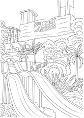 Sunway Lagoon Theme Park Water Slide Line Drawing, Line drawing illustration of a water slide attraction at Sunway Lagoon Theme Park in Malaysia, featuring tropical plants and elements of the 