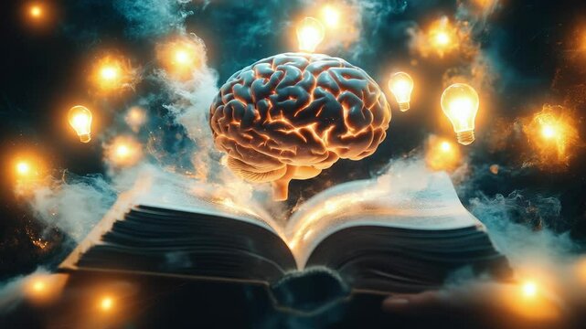 Brain hovering concept: learning focus, study symbol, knowledge source, mental power, book wisdom, education path, intellectual growth, cognitive skill, mind strength, academic journey, idea spark
