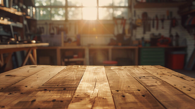 Workwork rustic carpenter countertop tabletop workshop with sunlit background. Steel shed top view interior. Empty wood table mockup. Vintage workshop with tools. Mechanical workbench, kitchen table 