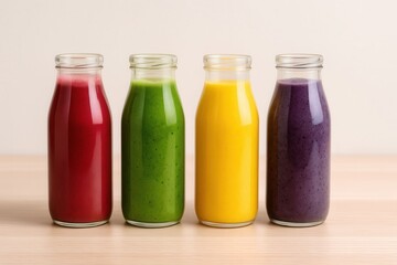 Colorful Bottles of Freshly Prepared Smoothies on Wooden Table