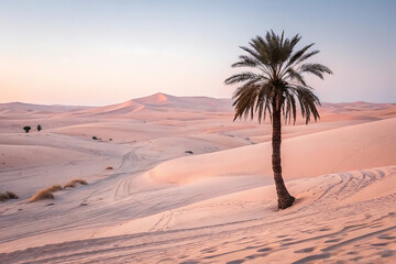 Desert palm tree at sunrise in sand dunes
