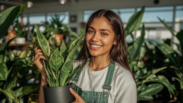 Smiling woman holding potted snake plant indoor