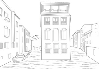 Grand Canal Venice Line Drawing, Black and white line drawing illustration of the Grand Canal in Venice, Italy. Features traditional Venetian architecture, a bridge, and a boat on the water. Clean 