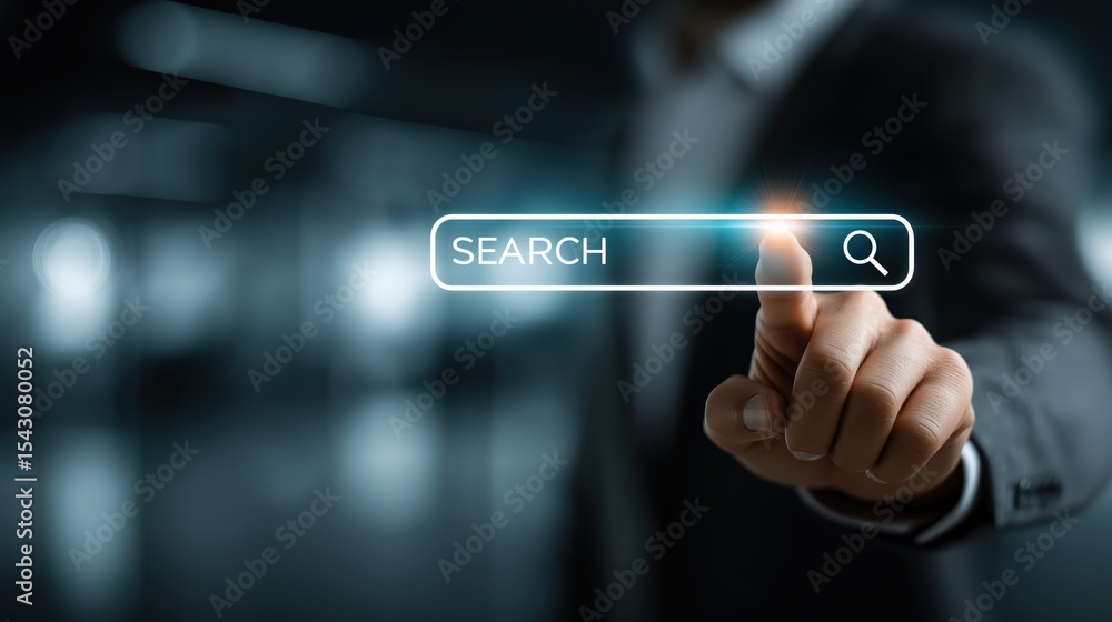 Poster digital search: a close-up shot of a person's finger pressing a search bar on a digital interface, r
