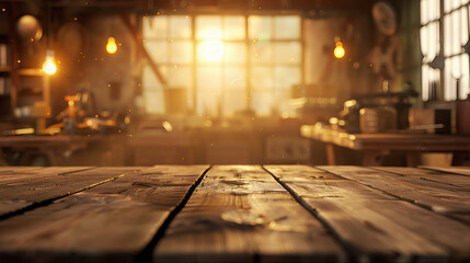 Workwork rustic carpenter countertop tabletop workshop with sunlit background. Steel shed top view interior. Empty wood table mockup. Vintage workshop with tools. Mechanical workbench, kitchen table 