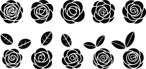 Collection of ten black rose flower and leaf vector graphic elements