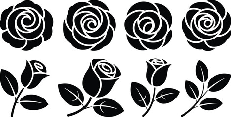Black rose flower vector set with leaves and blossom design elements