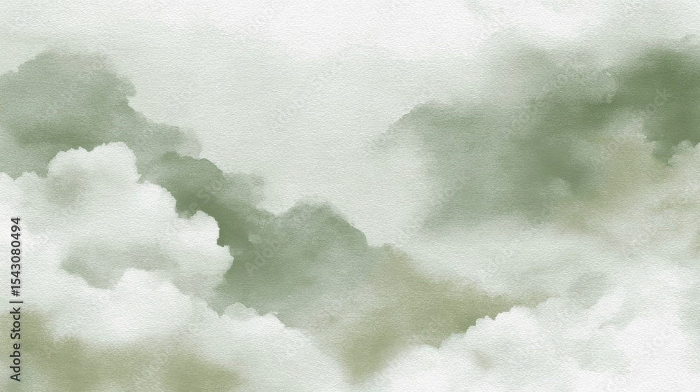Aufkleber delicate green watercolor clouds floating softly, creating ethereal background with gentle, calming 