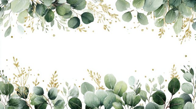Watercolor eucalyptus branches adorning white background with golden glitter, forming delicate decorative border with minimalist design potential