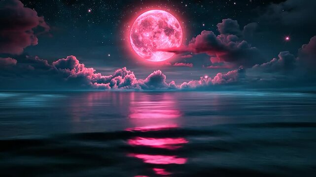 Pink moon rising over a calm, dark ocean reflecting its ethereal glow, under a starlit night sky with pink clouds