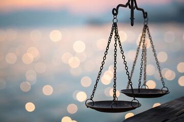 Antique scales at sunset with bokeh background