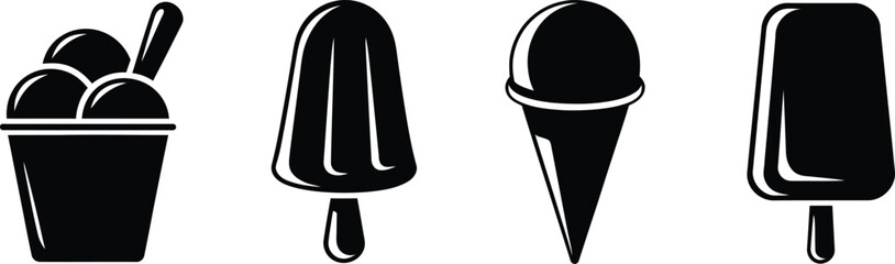 Simple Black and White Vector Illustration of Various Ice Cream Treats