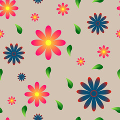 Seamless vector pattern. Flowers and leaves with gradient fill of red, blue and green on beige background.