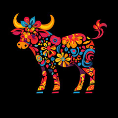 Colorful ornamental bull on black background. Floral pattern and ethnic ornament concept. For Chinese zodiac symbol. Folk art illustration for poster, print, design