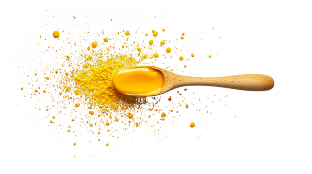Wooden Spoon with Golden Oil and Yellow Powder, Oil and Sugar Mixture, Turmeric Powder and Oil