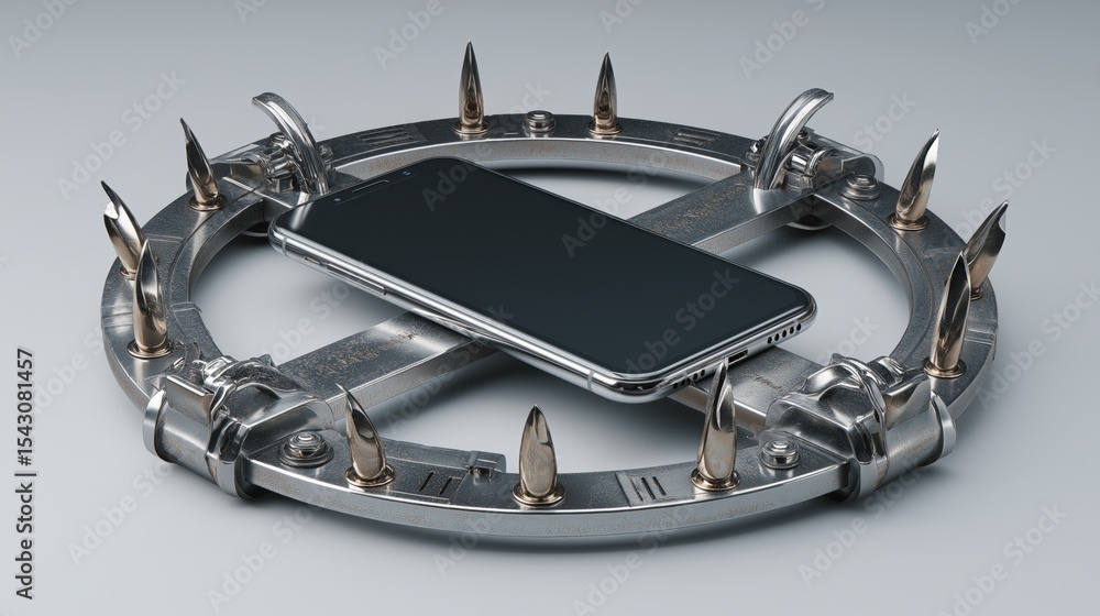 Poster the precarious device: the image features a smartphone enclosed within a creatively constructed meta