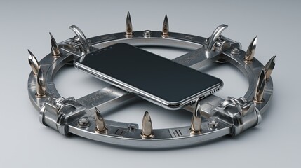 The Precarious Device: The image features a smartphone enclosed within a creatively constructed metal cage. The concept is a visual metaphor for the feeling of a phone's negative effect.