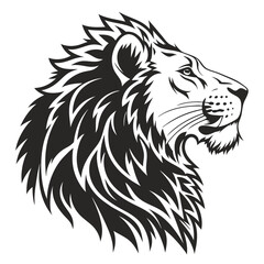 The lion's black and white mane creates a dramatic effect with its sharp lines