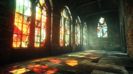 Interior of a Gothic Church with Stained Glass Windows and Sunlight