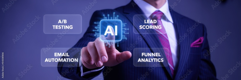 Poster businessperson interacting with digital interface showcasing artificial intelligence applications.