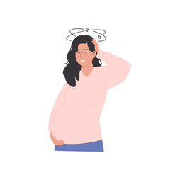 Pregnant woman feeling dizzy and unwell, touching head with nausea and vertigo symptoms. Pregnancy discomfort, fatigue and hormone shifts. Flat Style Vector Illustration isolated on white background.