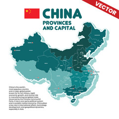 Fototapeta premium Detailed Vector Map of China Showing All Provinces and Capital Cities with Names – Political Geography Infographic for Educational and Editorial Use