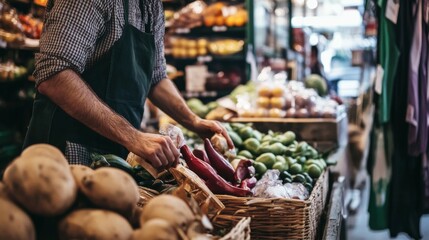 Market vendor selling fresh vegetables and organic produce healthy food local farm nutrition harvest retail display shop