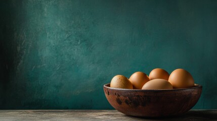 Brown eggs rustic wooden bowl blue background natural food healthy organic farm breakfast protein nutrition ingredient