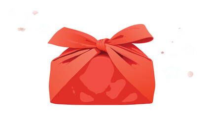 Illustration of a furoshiki wrapped gift with a bow on top and some petals floating around it