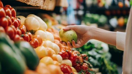 Hand selecting fresh fruit at market stand healthy food organic produce colorful shopping natural vitamins grocery