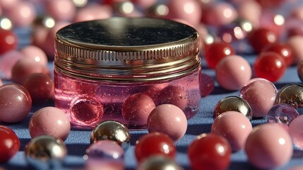 Glass jar colorful pearls shiny beads jewelry making craft background bright pink hobby creative decorative fun