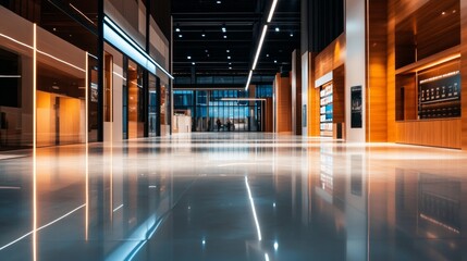 Modern empty corridor shopping mall interior with glossy floor lights contemporary commercial architecture retail business