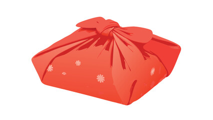 A square shaped gift wrapped in orange fabric with a tied knot and flower patterns on a white surface