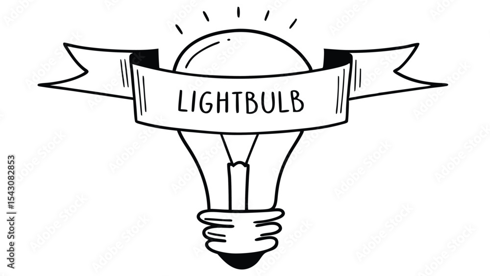 Poster illustration of a lightbulb with rays above it and a banner with the word lightbulb written across i