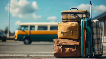 Luggage trolley in airport, airport shuttle service vacation, business trip. Baggage claim ticket travel bag. Packing car trip car back, suitcase with luggage