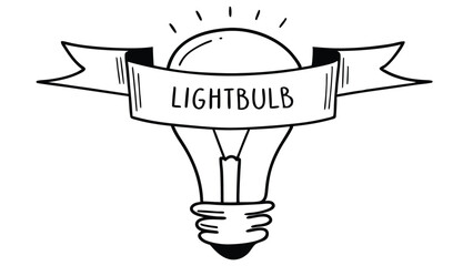 Illustration of a lightbulb with rays above it and a banner with the word lightbulb written across it