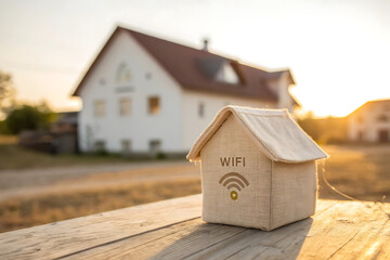 House with wifi symbol at sunset
