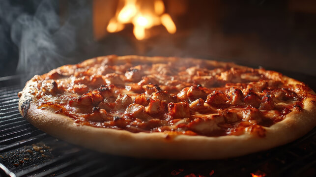 Close-up view of gourmet barbecue chicken pizza in a cozy backyard grilling experience